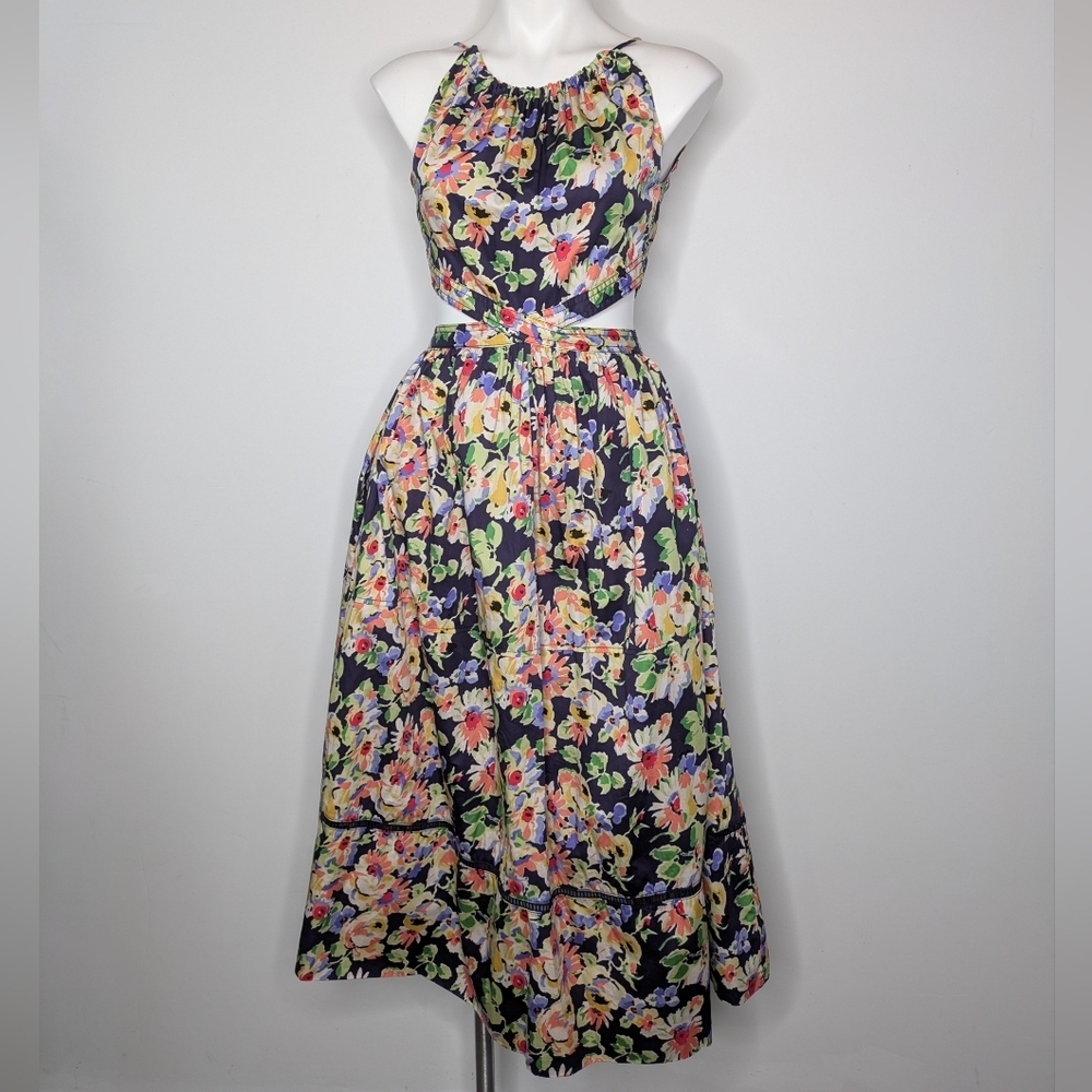 Something Navy Colorful Floral Tie Neck Cotton Cutout Maxi Dress XS